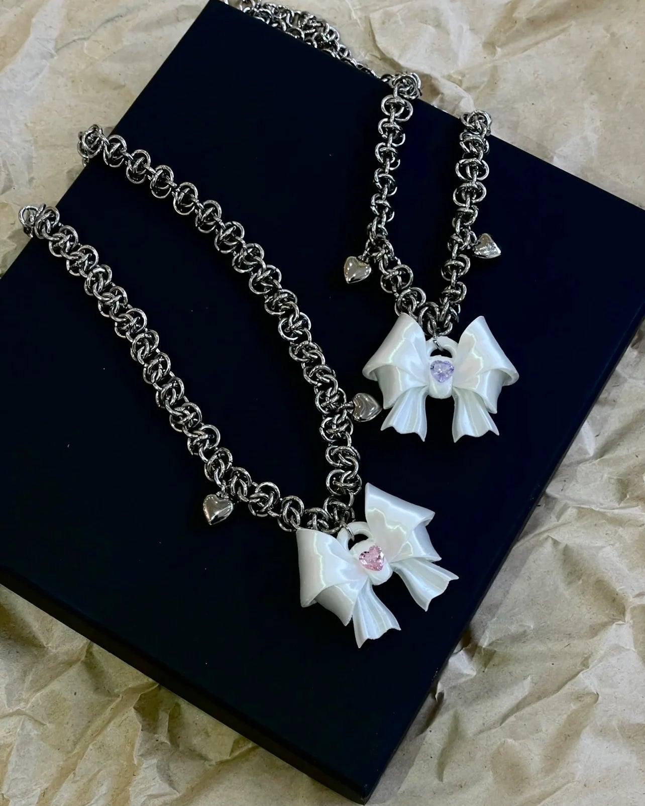 The One1| 3D Printed Silk White Bow Chainmail Necklace