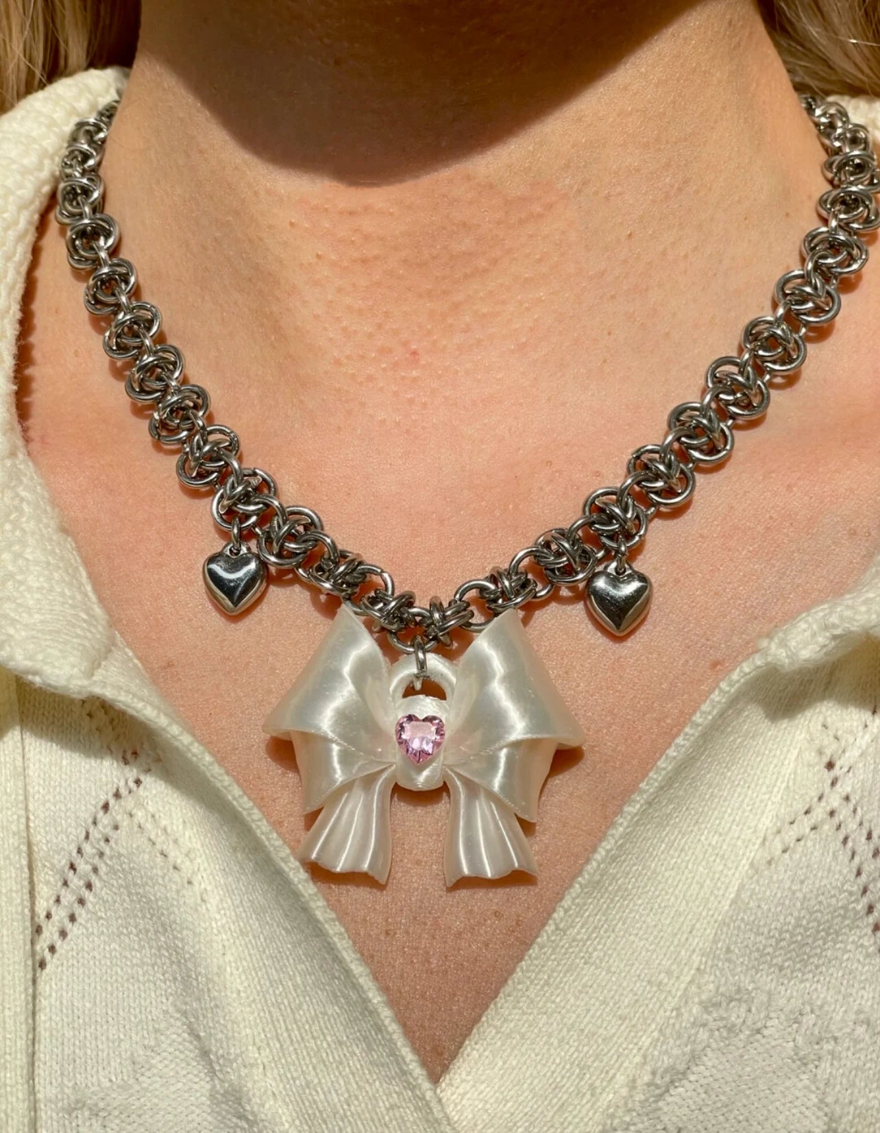 The One1| 3D Printed Silk White Bow Chainmail Necklace