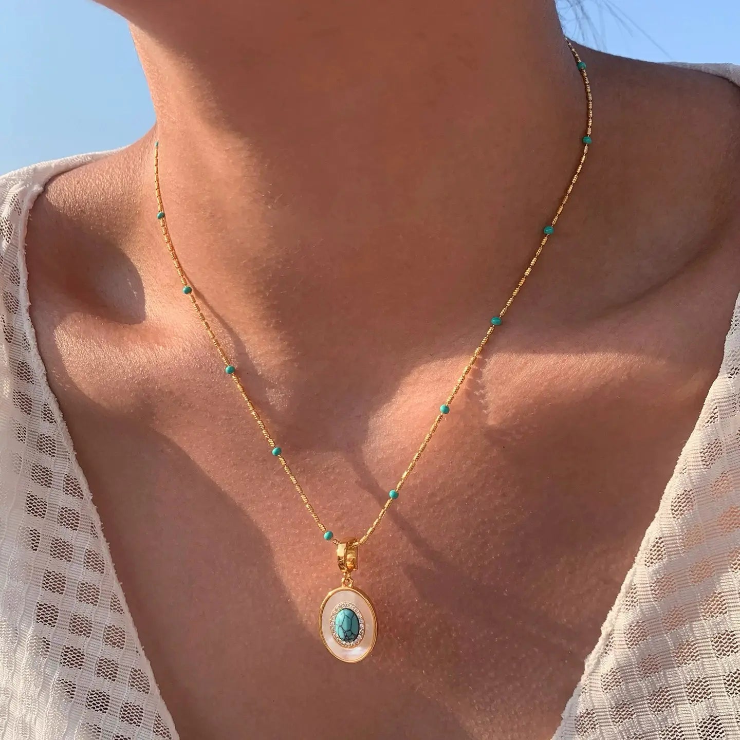The One1| Natural Turquoise and Pearl Necklace for woman, Layered style