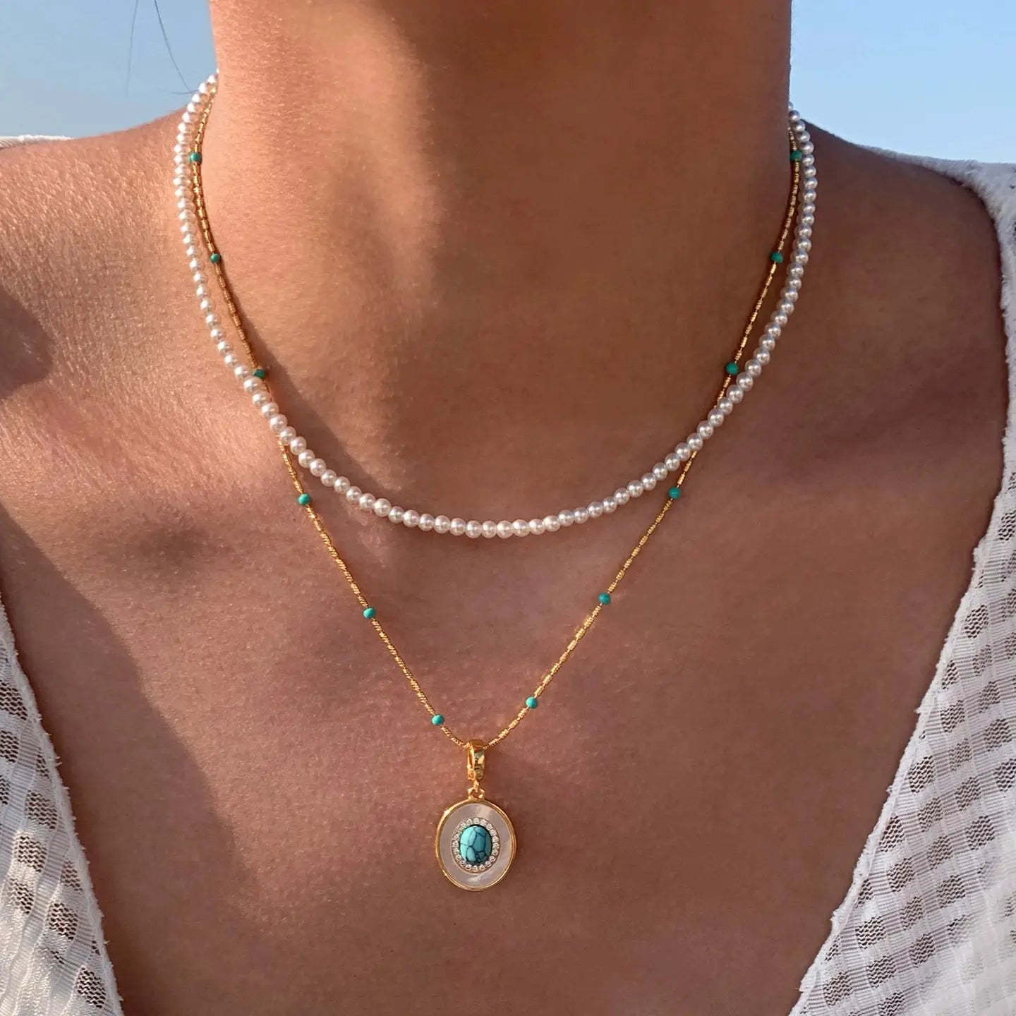 The One1| Natural Turquoise and Pearl Necklace for woman, Layered style