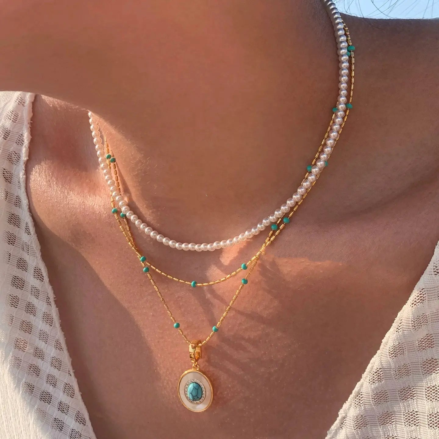 The One1| Natural Turquoise and Pearl Necklace for woman, Layered style