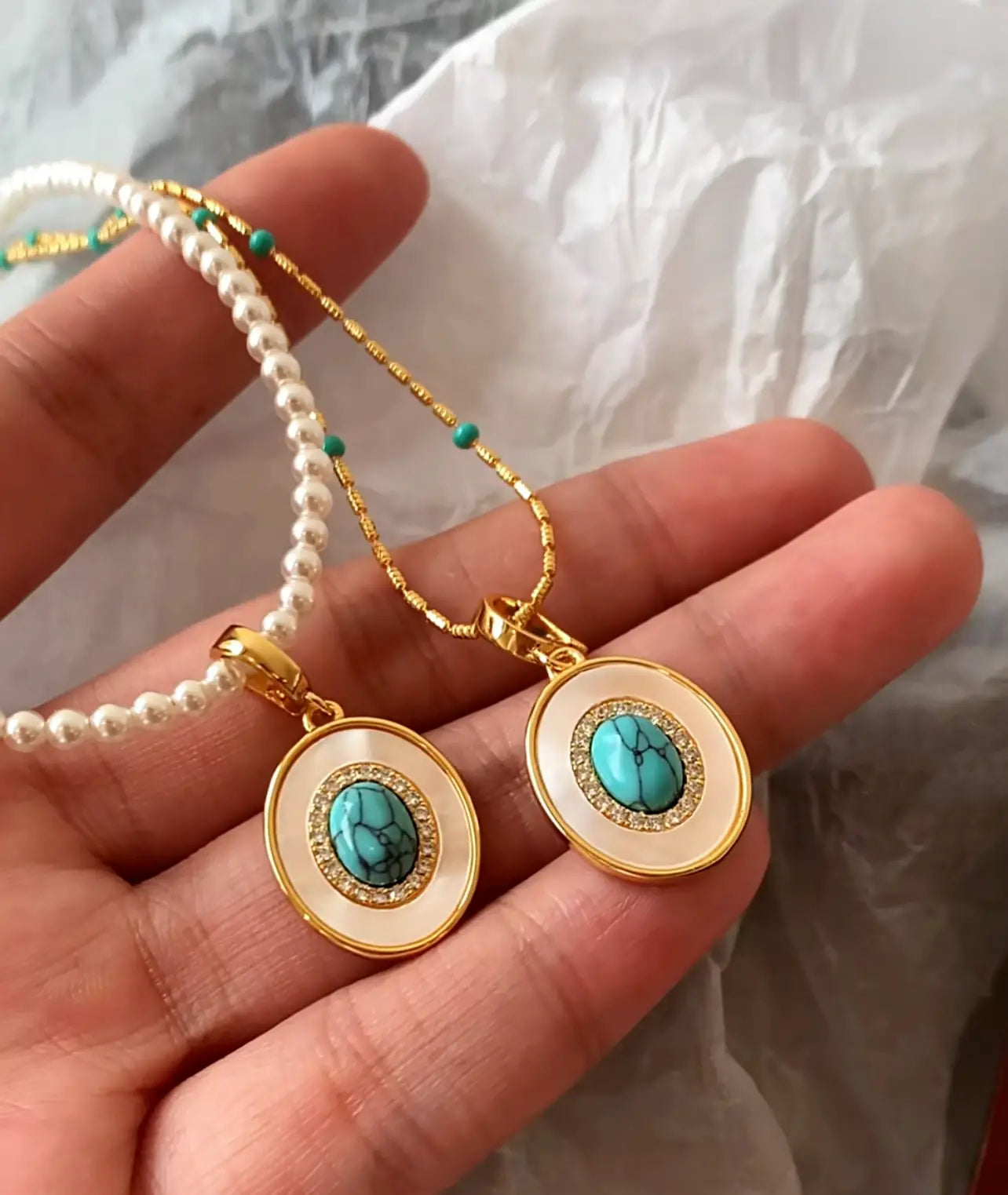 The One1| Natural Turquoise and Pearl Necklace for woman, Layered style