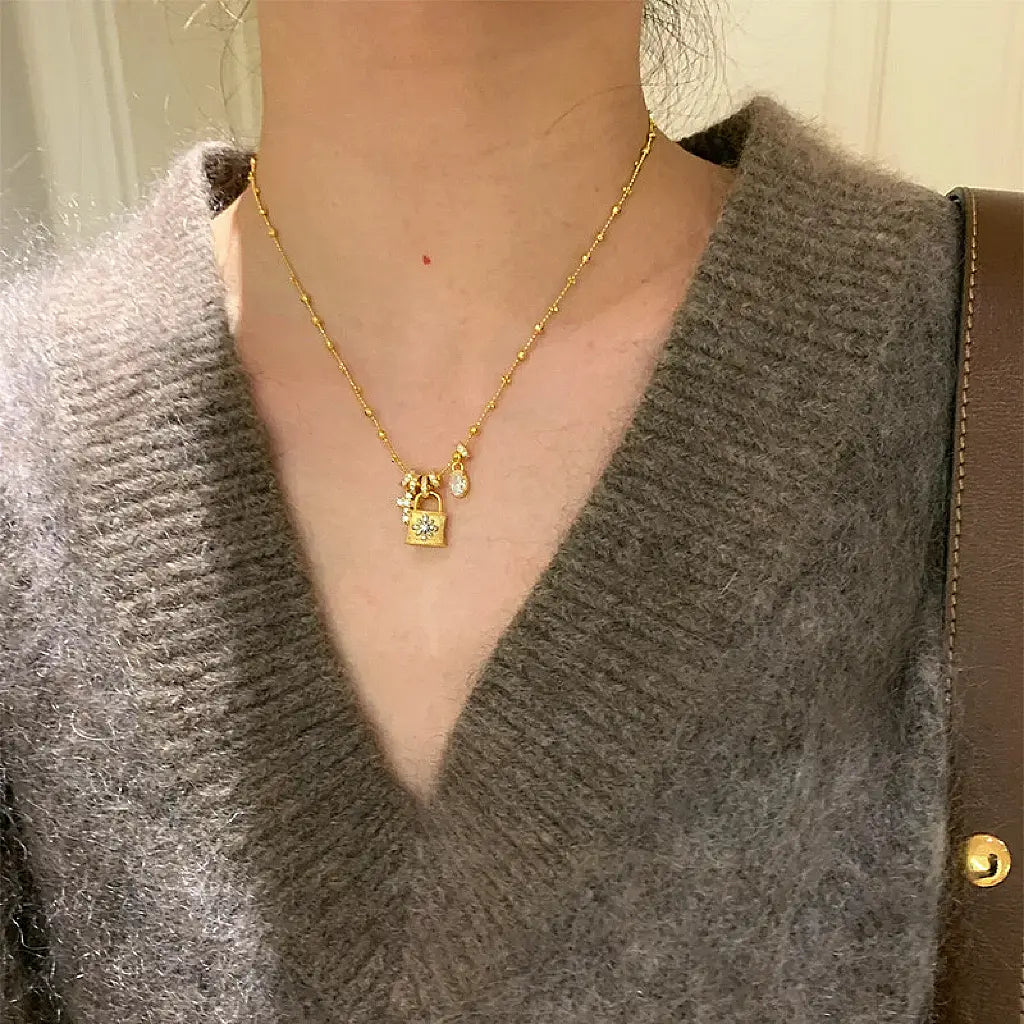 The One1| Vintage Gold Lock&Cross Detachable Necklace for woman