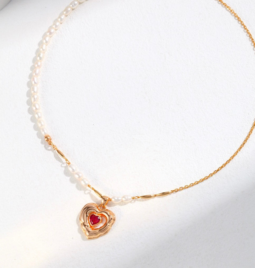The One1| Sterling Silver Red Heart Pearl Necklace for woman, Vintage gold