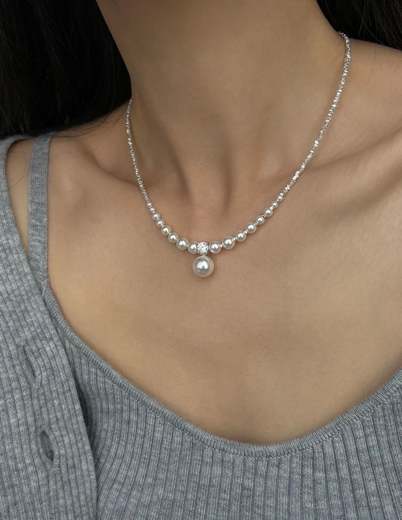 S925 Silver Crushed Silver Gradient Pearl Collar Necklace for woman| White/Grey