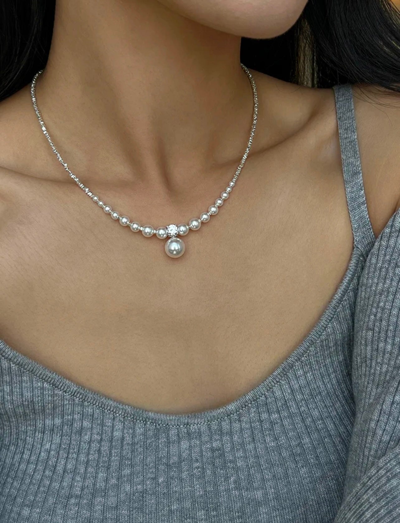 S925 Silver Crushed Silver Gradient Pearl Collar Necklace for woman| White/Grey