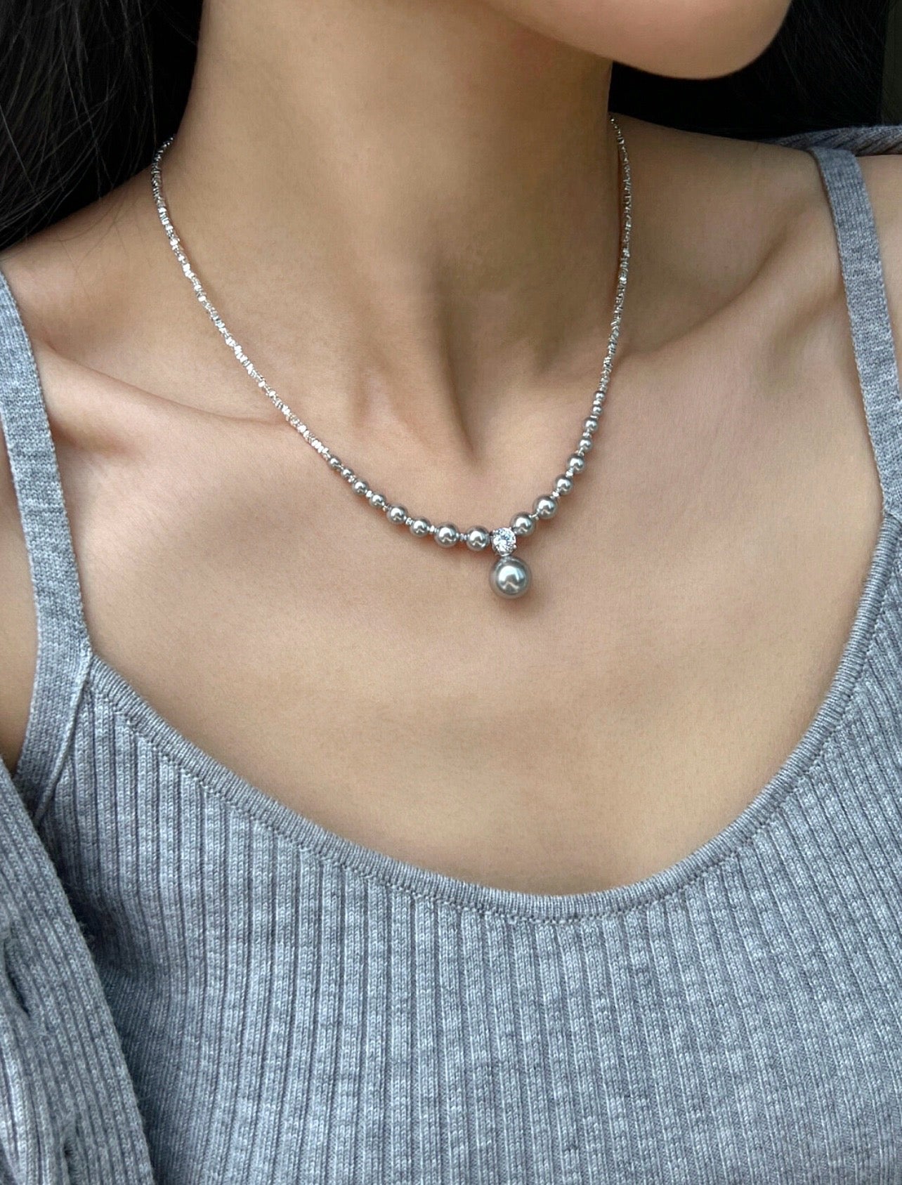 S925 Silver Crushed Silver Gradient Pearl Collar Necklace for woman| White/Grey
