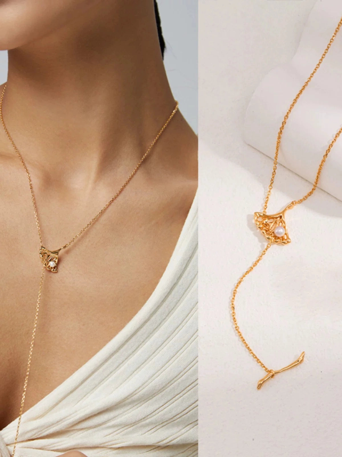 The One1| Ginkgo Leaf Pearl Necklace for woman, S925 Sterling Silver, Freshwater Pearl, Vintage Gold