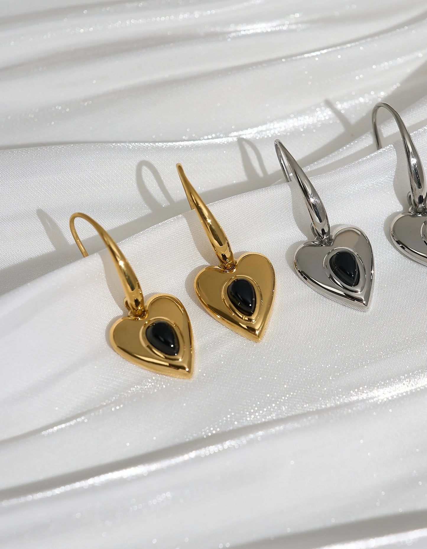The One1| Heart Earrings for woman, 3 natural stone colors-pink, mint green and black, summer holiday earrings