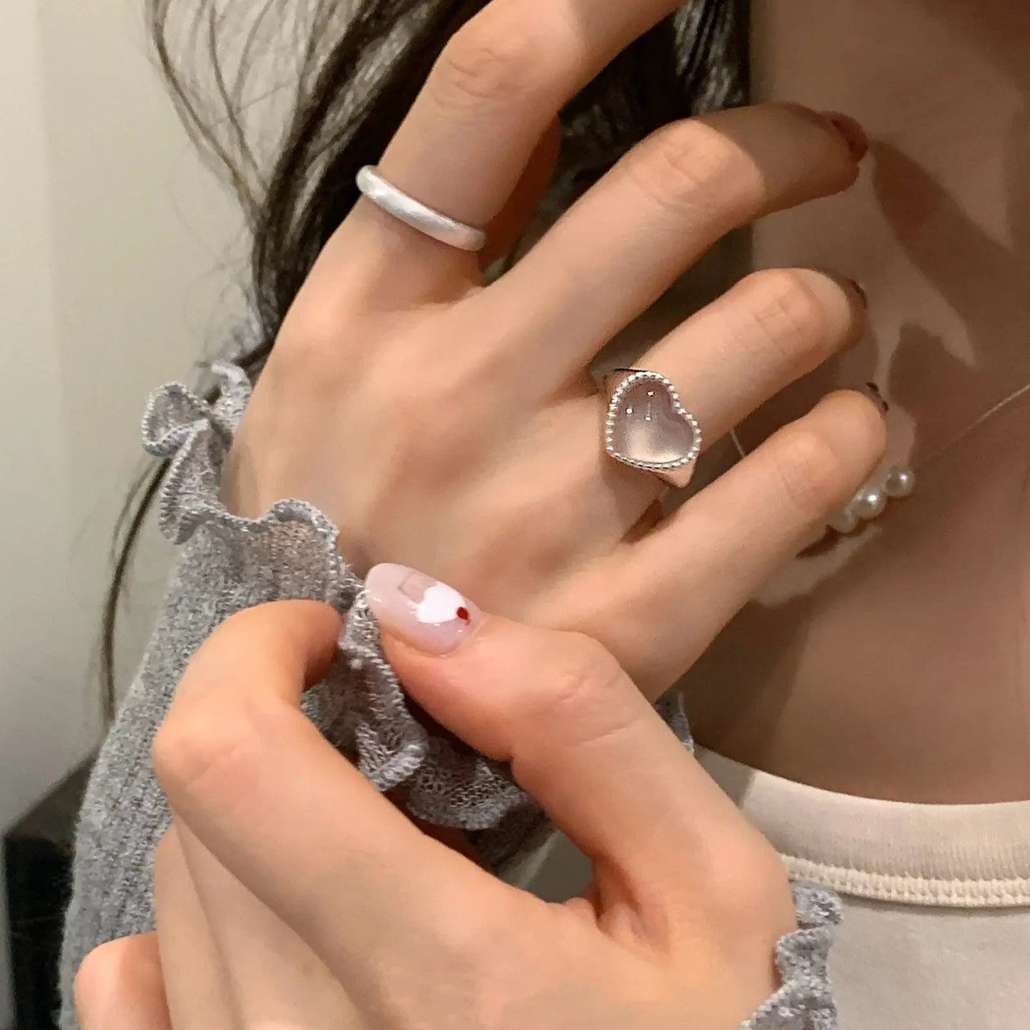 The One1| Minimal Silver Heart Agate Open Ring
