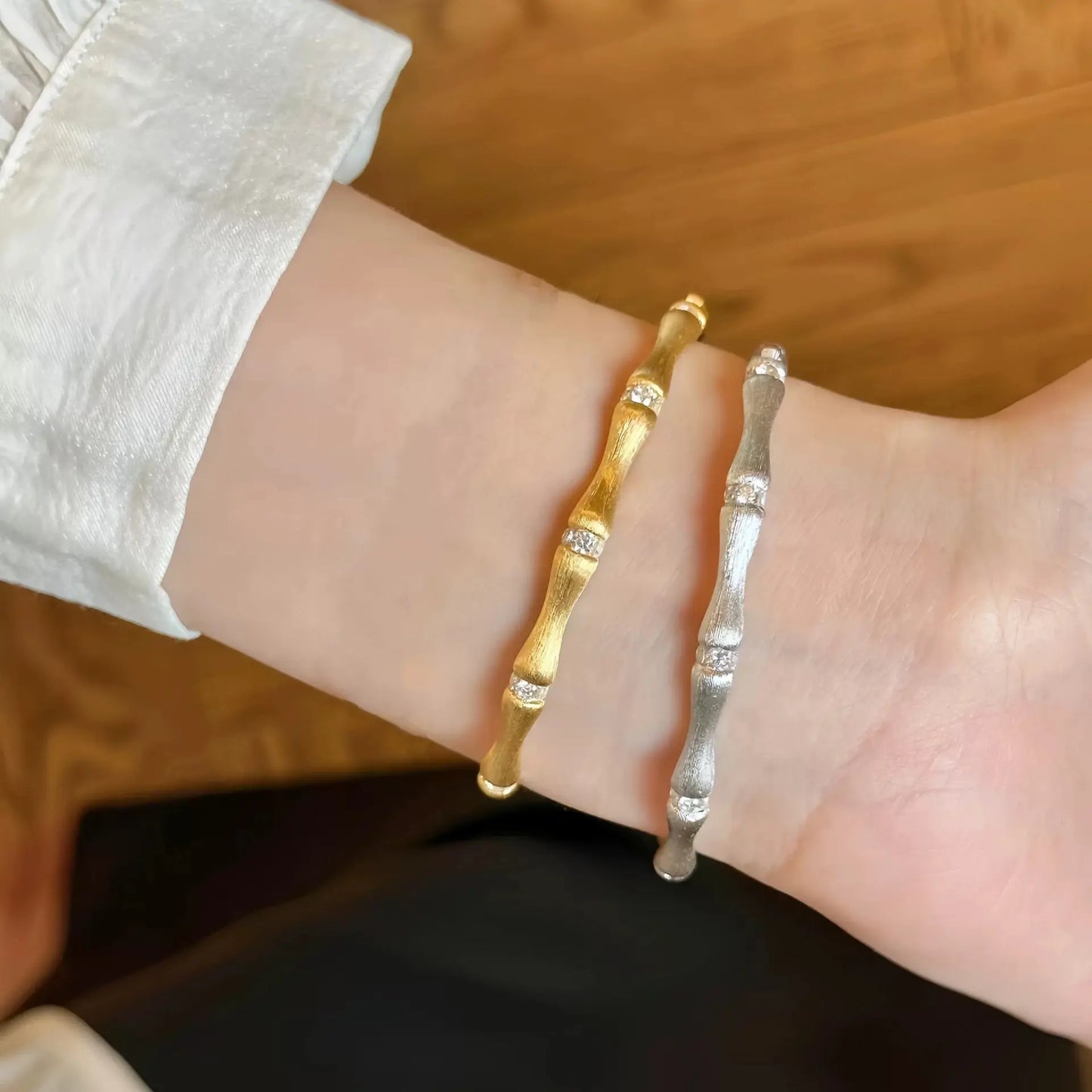 The One1| Vintage Brushed Bamboo Bracelet with Diamond, Gold and Sliver