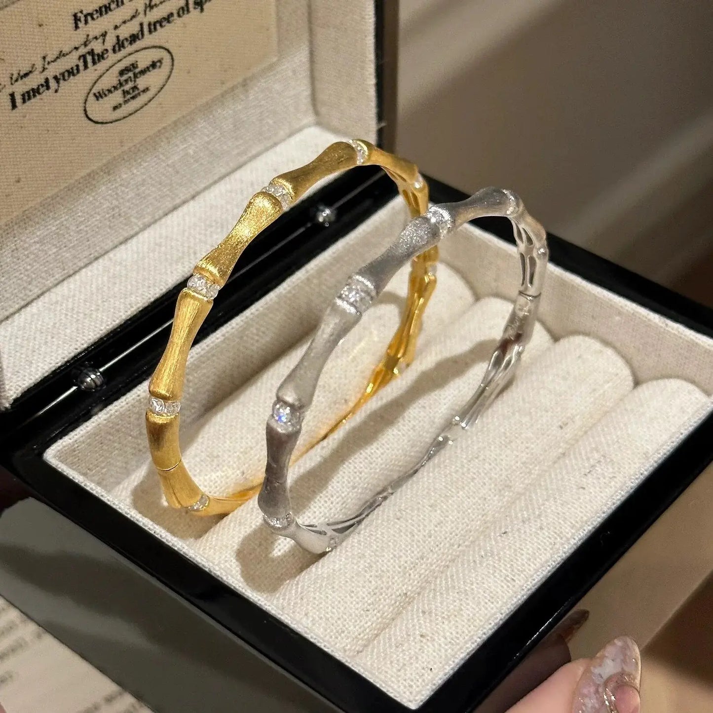 The One1| Vintage Brushed Bamboo Bracelet with Diamond, Gold and Sliver