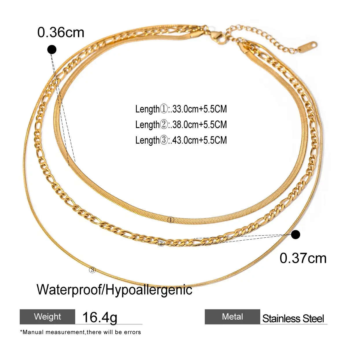 The One1| 3 IN 1 Waterproof 3 Layered Gold Snake Chain for woman