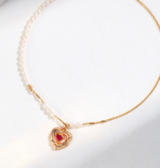 The One1| Sterling Silver Red Heart Pearl Necklace for woman, Vintage gold
