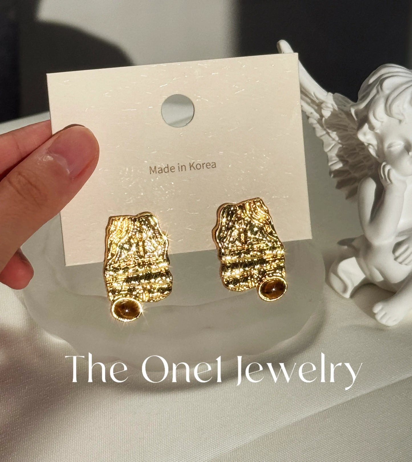 THE ONE1 - 24K Gold Textured Sculptural Tiger Eye Earrings