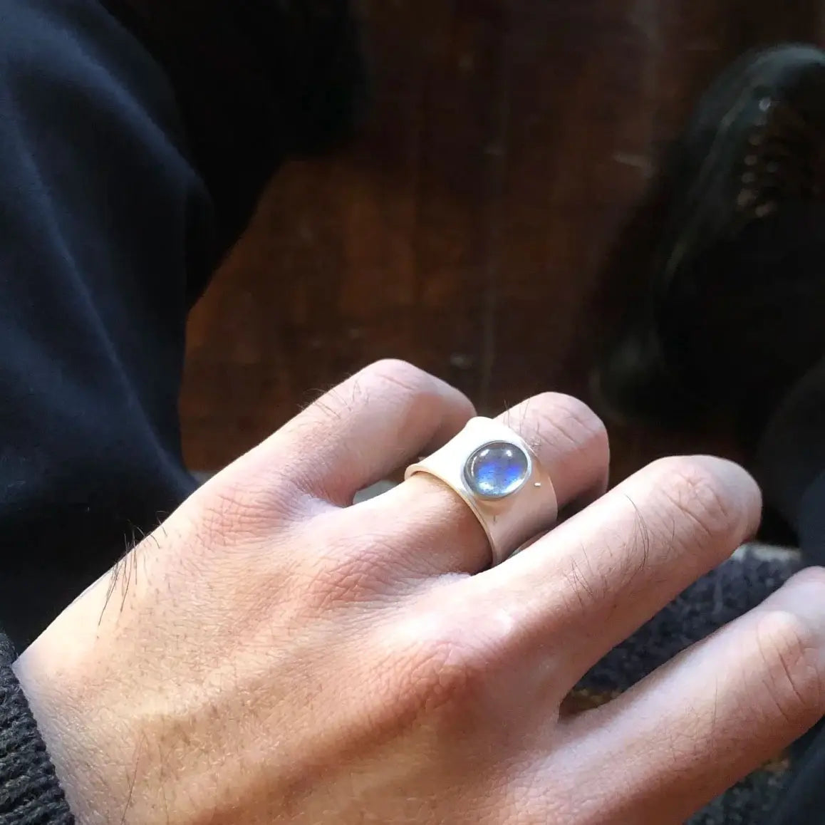 The One1| S925 Sterling Silver Matte Oval Grey Moonstone Ring, Wide Band, Open Design