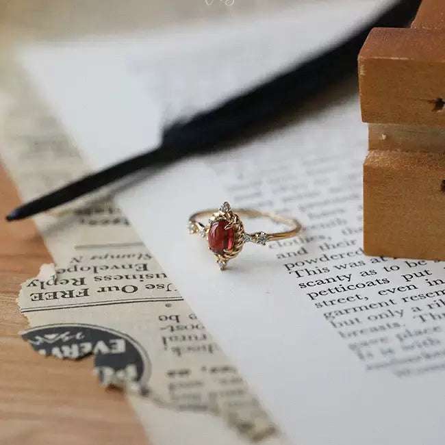 The One1| Gold-Tone Oval Wreath Open Ring with Red Gemstone