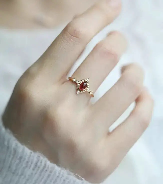 The One1| Gold-Tone Oval Wreath Open Ring with Red Gemstone