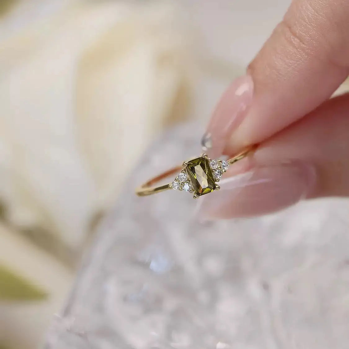 The One1| Rectangular Olive Green Gem Open Ring