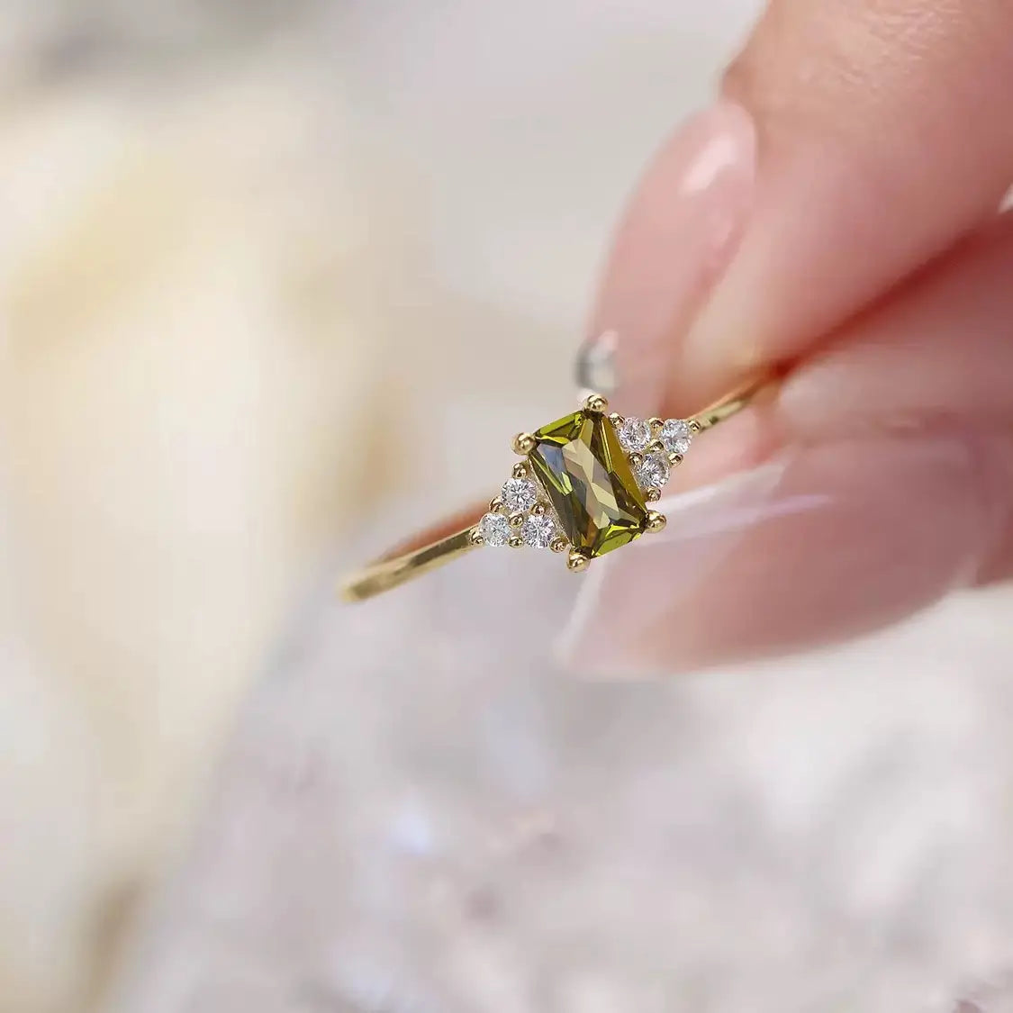The One1| Rectangular Olive Green Gem Open Ring
