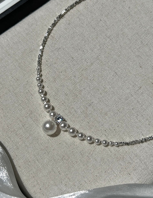 S925 Silver Crushed Silver Gradient Pearl Collar Necklace for woman| White/Grey