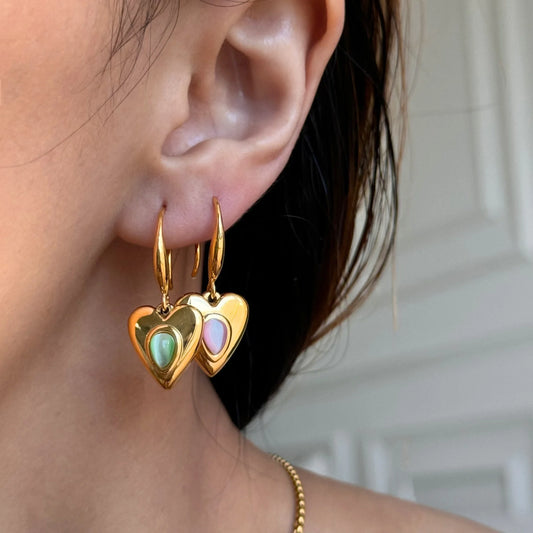 The One1| Heart Earrings for woman, 3 natural stone colors-pink, mint green and black, summer holiday earrings