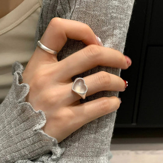 The One1| Minimal Silver Heart Agate Open Ring