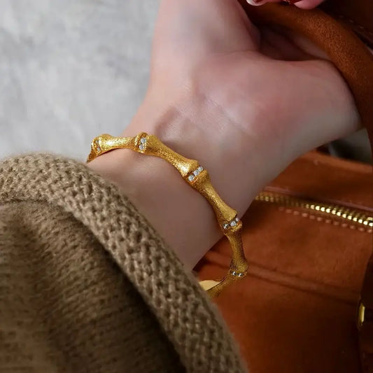 The One1| Vintage Brushed Bamboo Bracelet with Diamond, Gold and Sliver