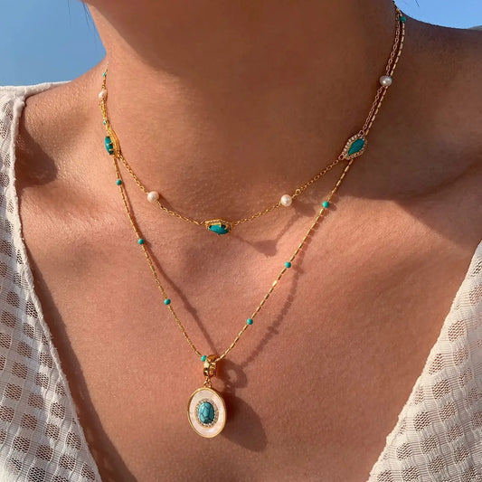 The One1| Natural Turquoise and Pearl Necklace for woman, Layered style